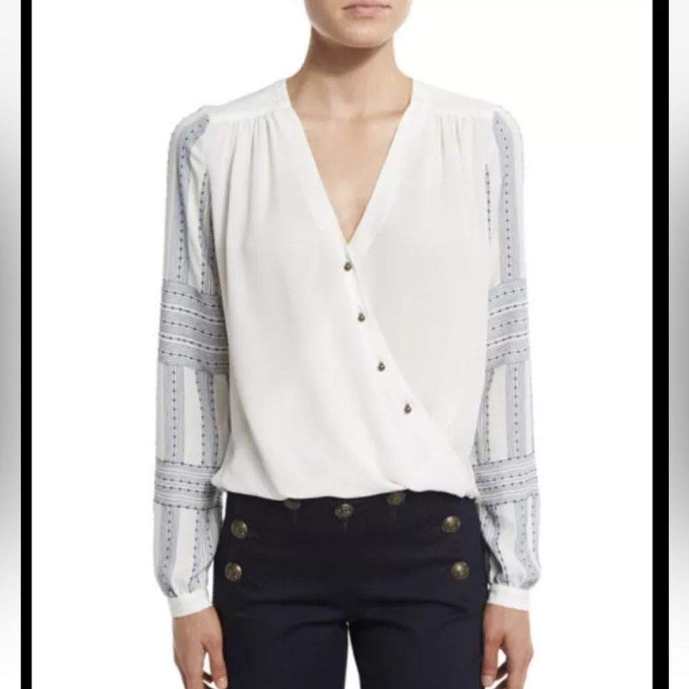 Veronica Beard Silk Long Sleeve Embroidered Blouse V-neck Size 0